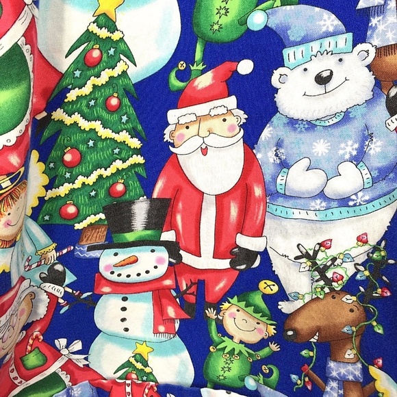 Santa Mrs Claus Scrub Top Christmas Elves Trees Reindeer Holiday Fun - Picture 3 of 6